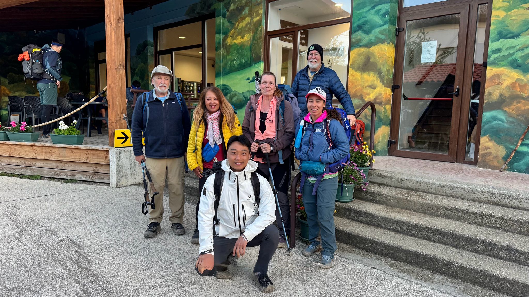 Victoria Castillo and friends in Zubiri on the Camino de Santiago.