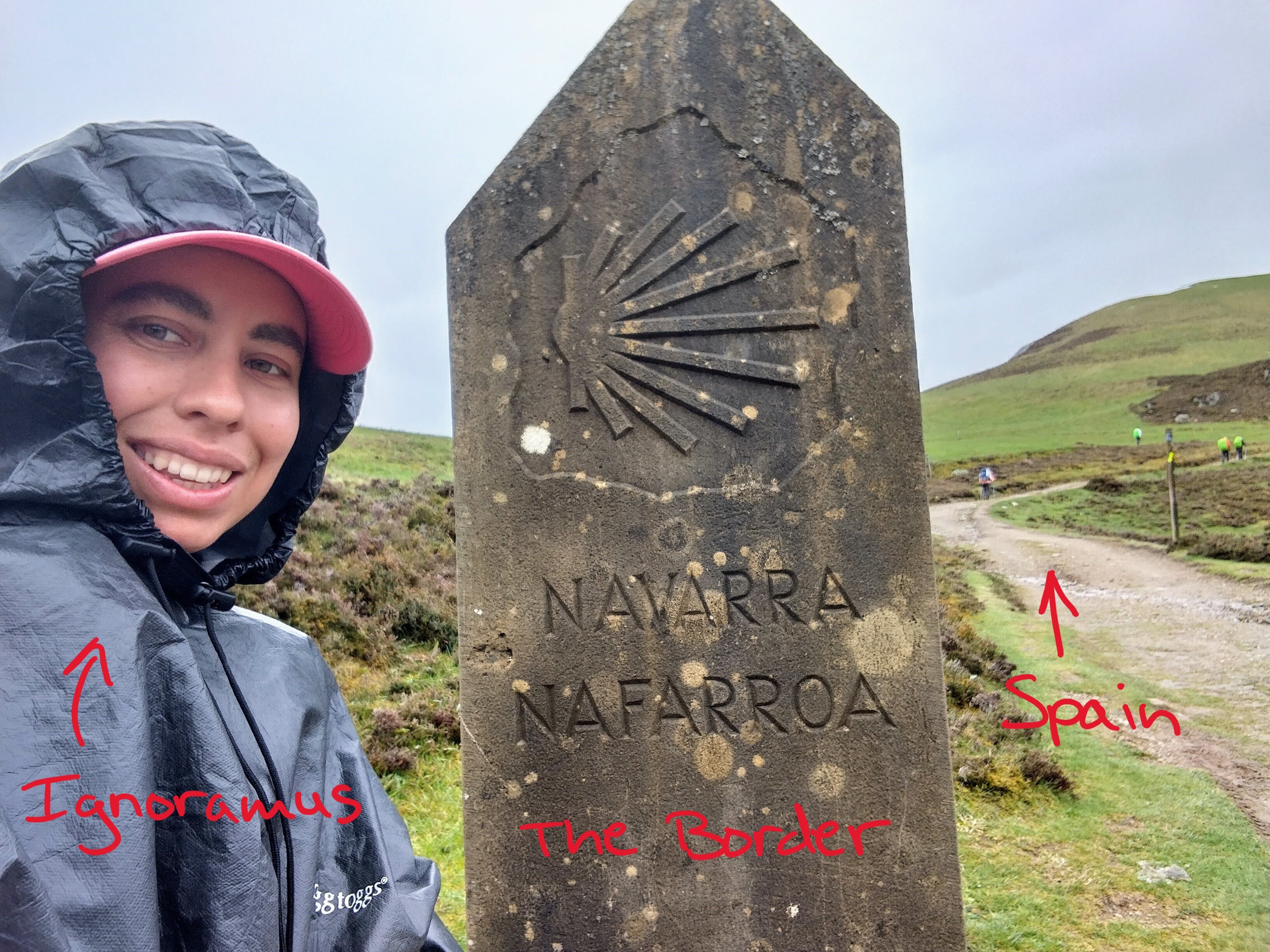 Victoria Castillo crossing the border into Spain on the Camino de Santiago.