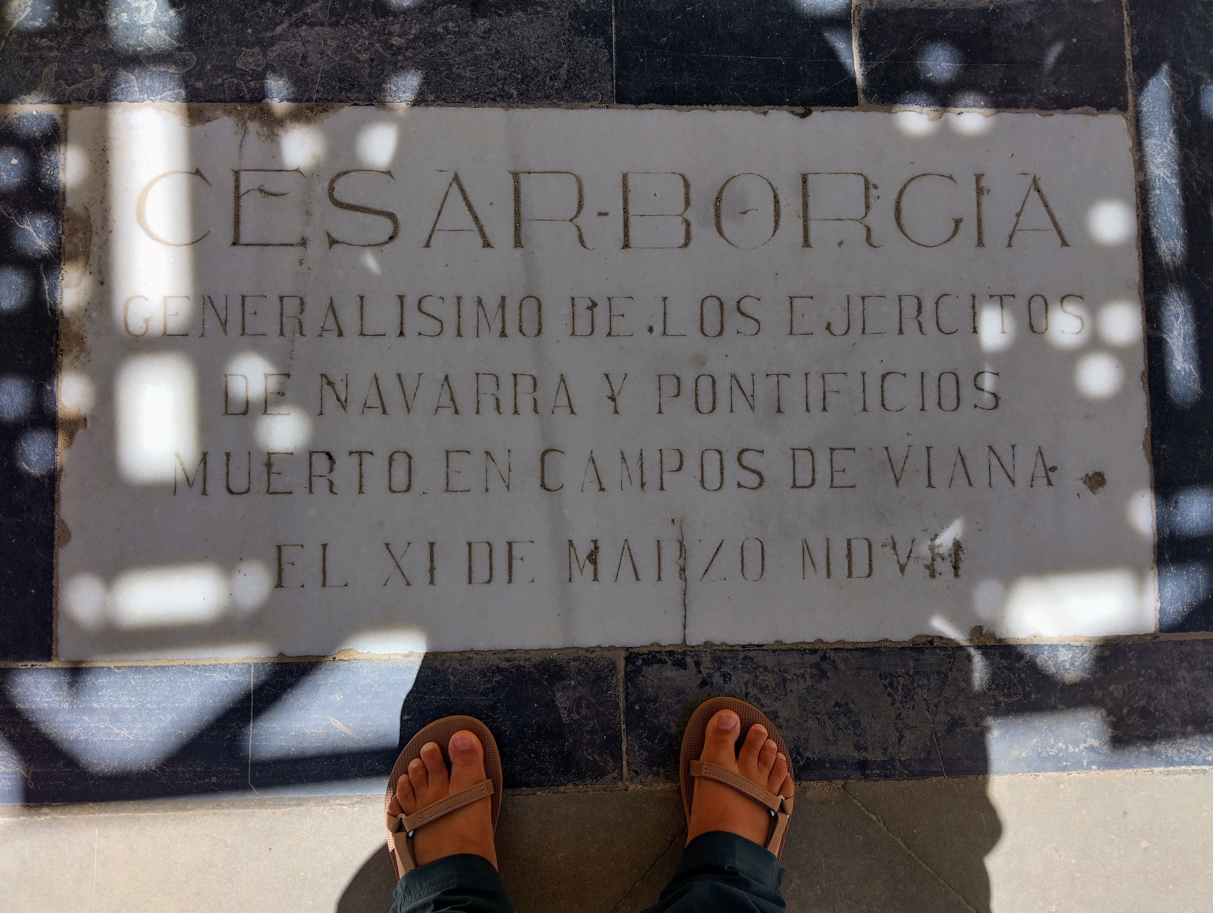 Victoria Castillo at Cesar Borgia's tomb on the Camino de Santiago.